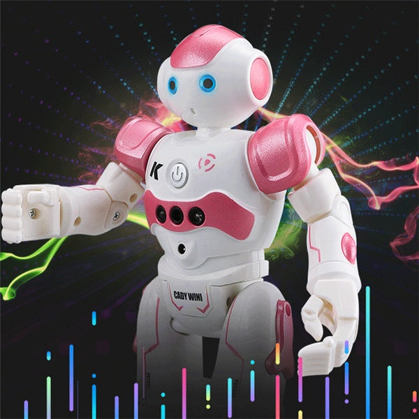 Toy robot with pink and white design on a colorful, dynamic background