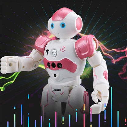 Toy robot with pink and white design on a colorful, dynamic background