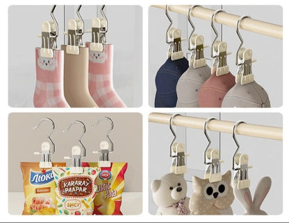 Clothes drying hook clips used for various purposes on a gray background 