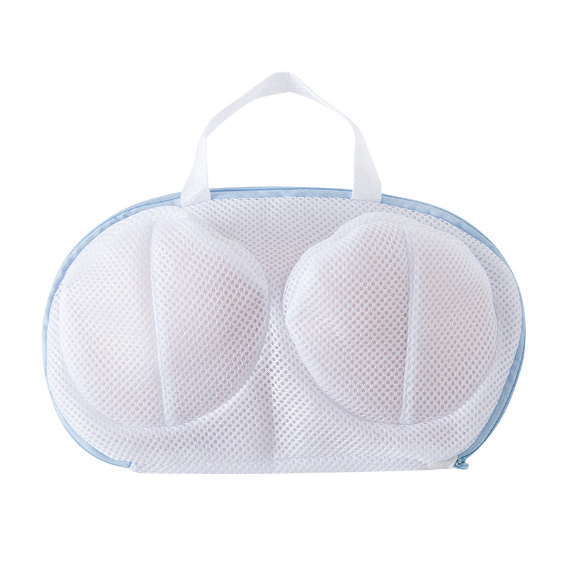 White mesh bag with blue trim on a white background