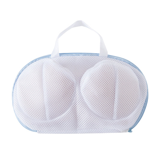 White mesh bag with blue trim on a white background
