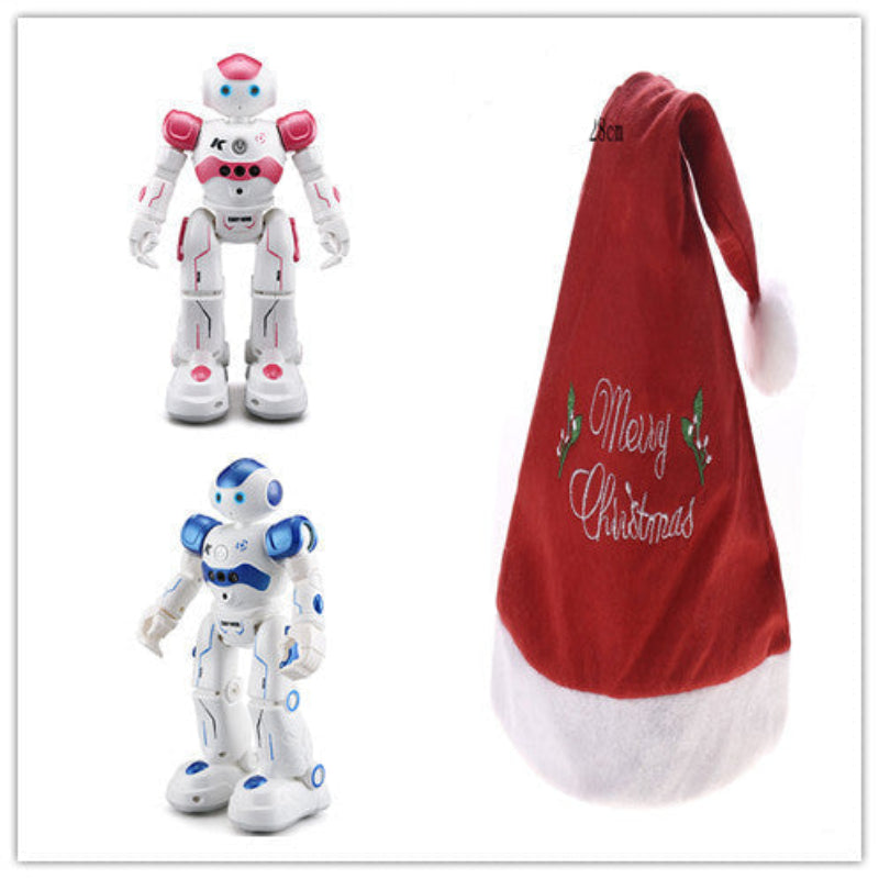 Two robot toys with a red Christmas hat on a white background