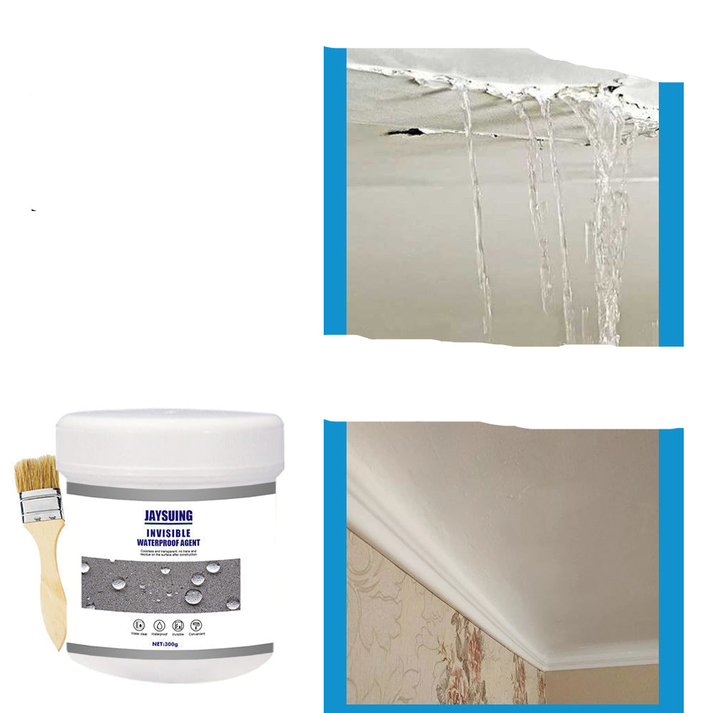 Repair contrast effect with waterproof agent container and brush, before and after repair on a ceiling.