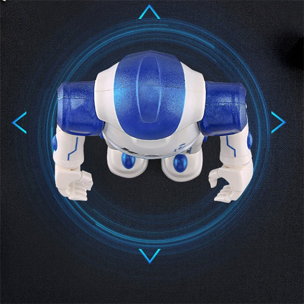Blue and white robot toy on a dark background with blue circular lights