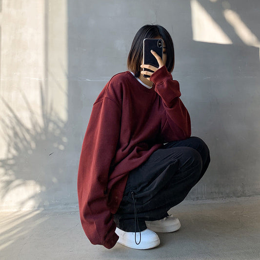 Seasonal Solid Color Plush Pullover Sweater – Loose Fit