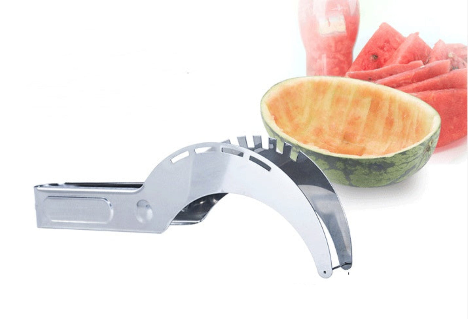 Metal fruit peeler next to a watermelon with a white background