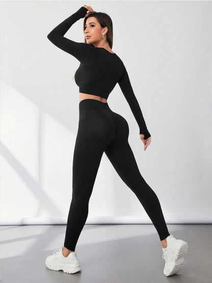 Yoga Clothes Sports Running Long Sleeve Two-piece Seamless Knitted Tight Trousers Suit