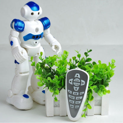 White robot with blue accents interacting with green plants and a remote control on a light gray background
