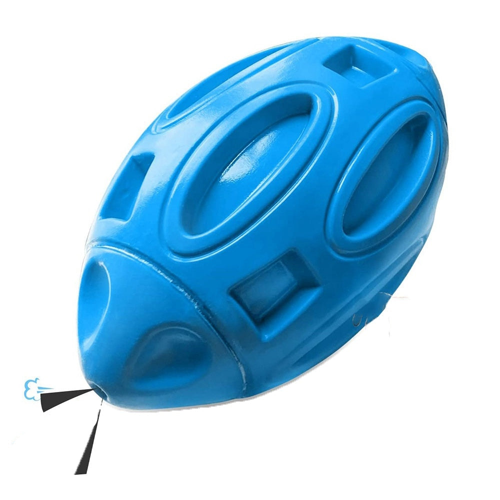 Blue dog toy with a 'Zoom!' logo on a white background