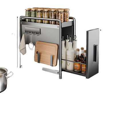 Gun gray pull-out spice cabinet with measurements and product details on a kitchen counter.