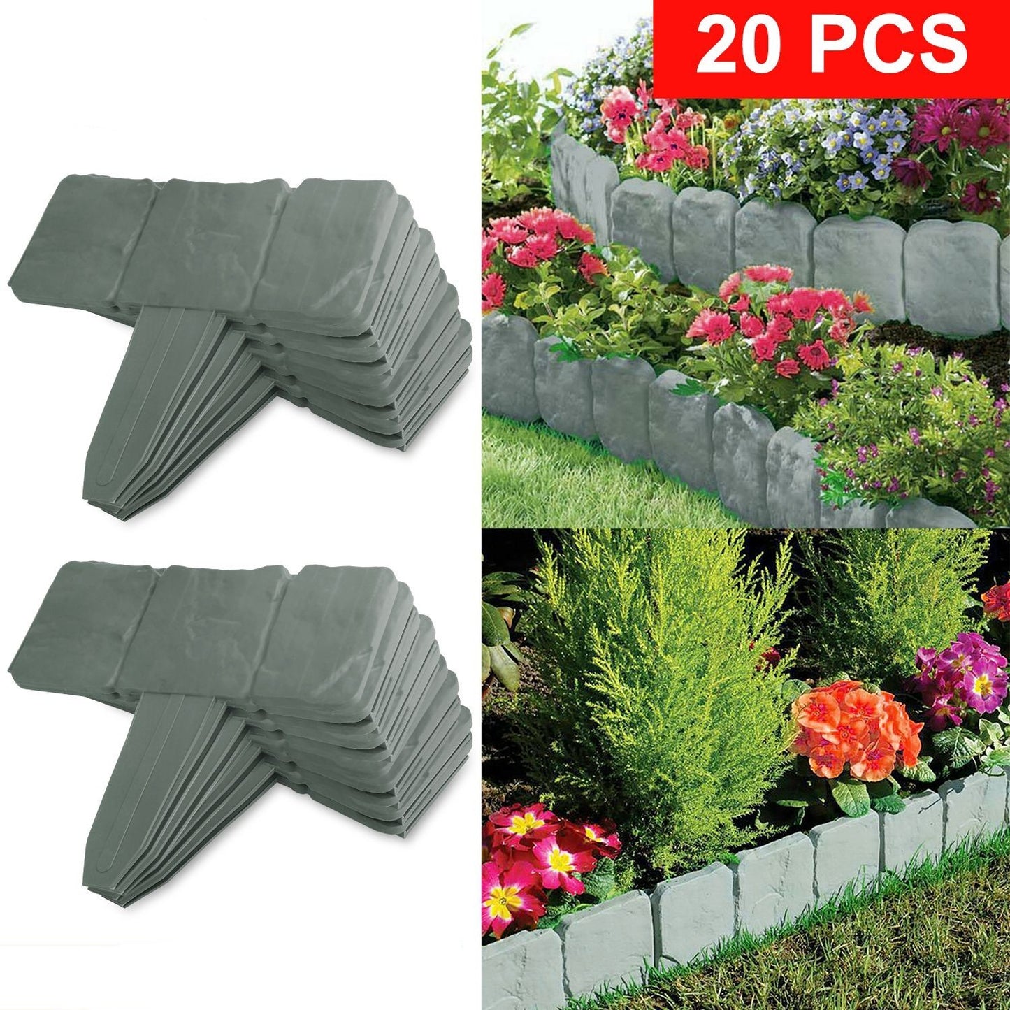 20PCS No-Dig Garden Edging Border – Imitation Stone Effect, Flexible & Weather-Resistant
