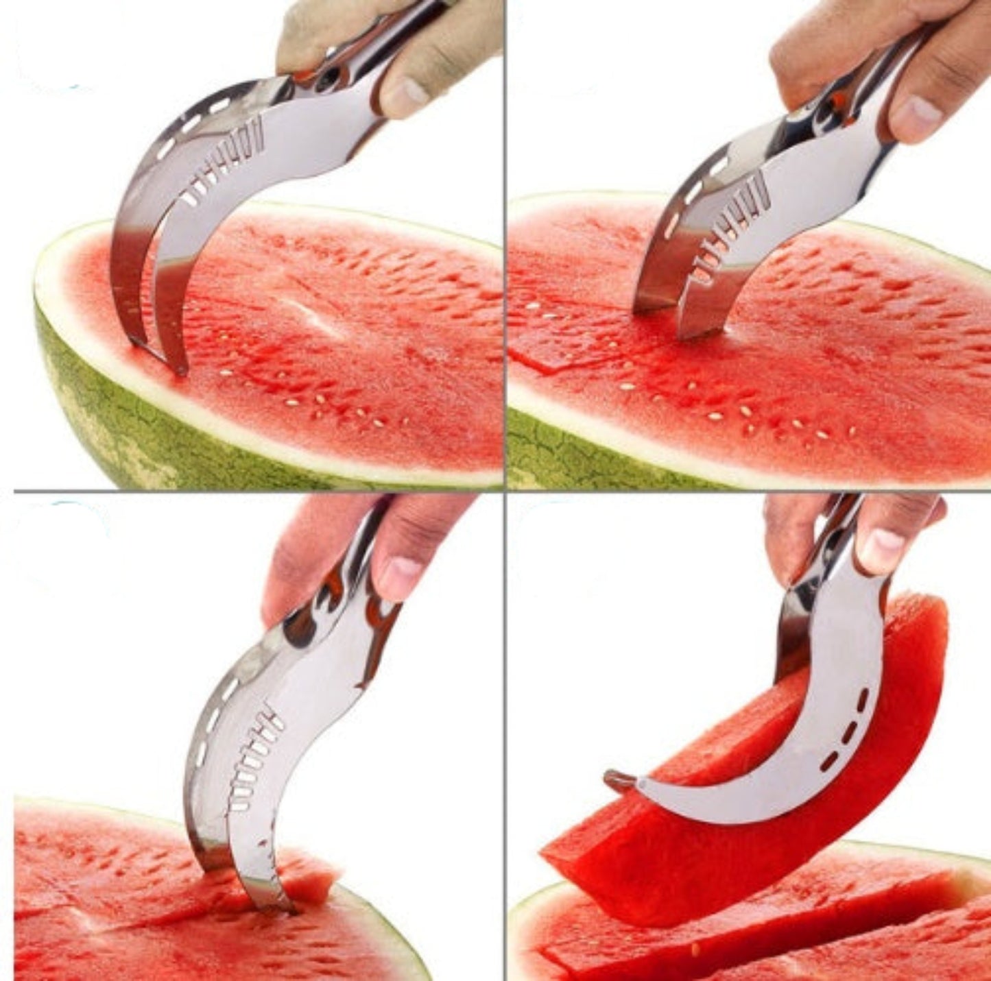 Step-by-step process of using a watermelon slicer on a watermelon.