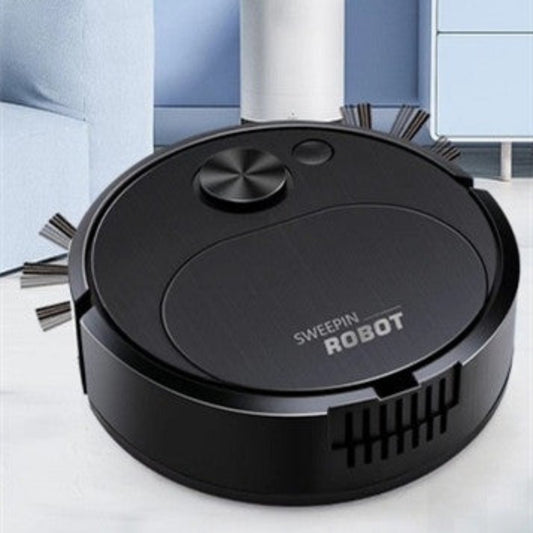 Black robot vacuum cleaner with 'Sweepin Robot' branding on a white floor