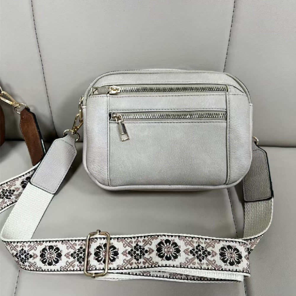 Triple-Zipper Shoulder Bag with Floral Embroidered Straps