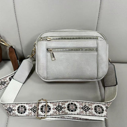Triple-Zipper Shoulder Bag with Floral Embroidered Straps