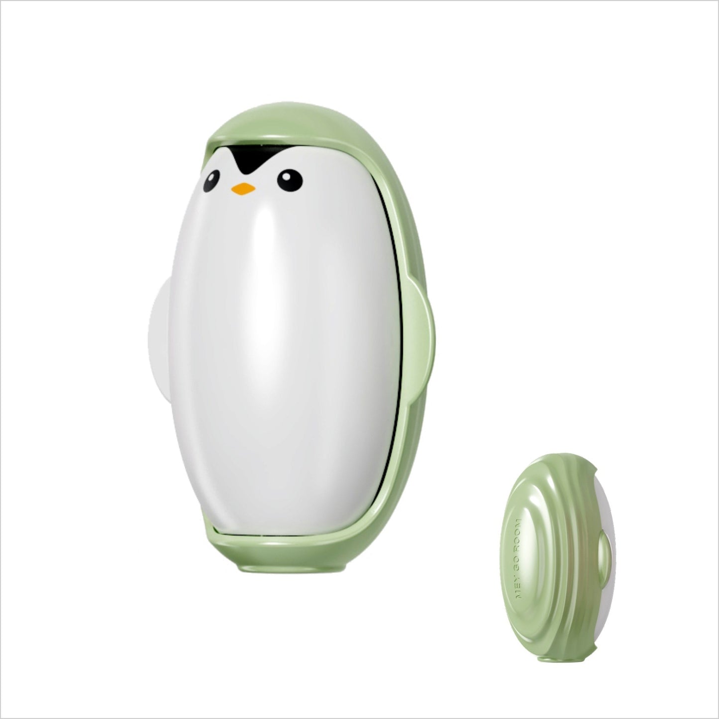 Penguin-shaped device with a white face and green body on a white background