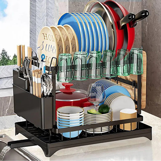 2 Tier Rustproof Dish Rack with Drainboard and Utensil Holder – Black