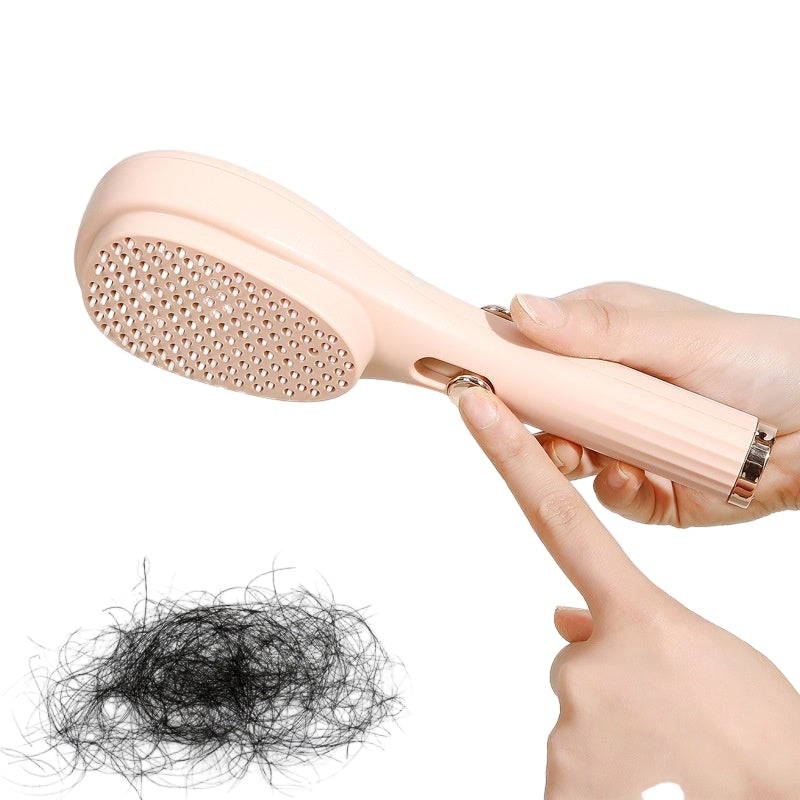 Hair comb with self-cleaning feature, showing hair being pushed out and text indicating one-step cleaning process.