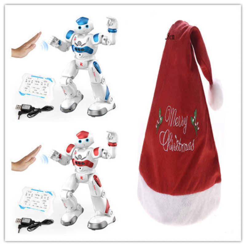 Two robot toys and a red Christmas hat with 'Merry Christmas' text on a white background.