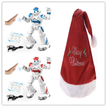 Two robot toys and a red Christmas hat with 'Merry Christmas' text on a white background.