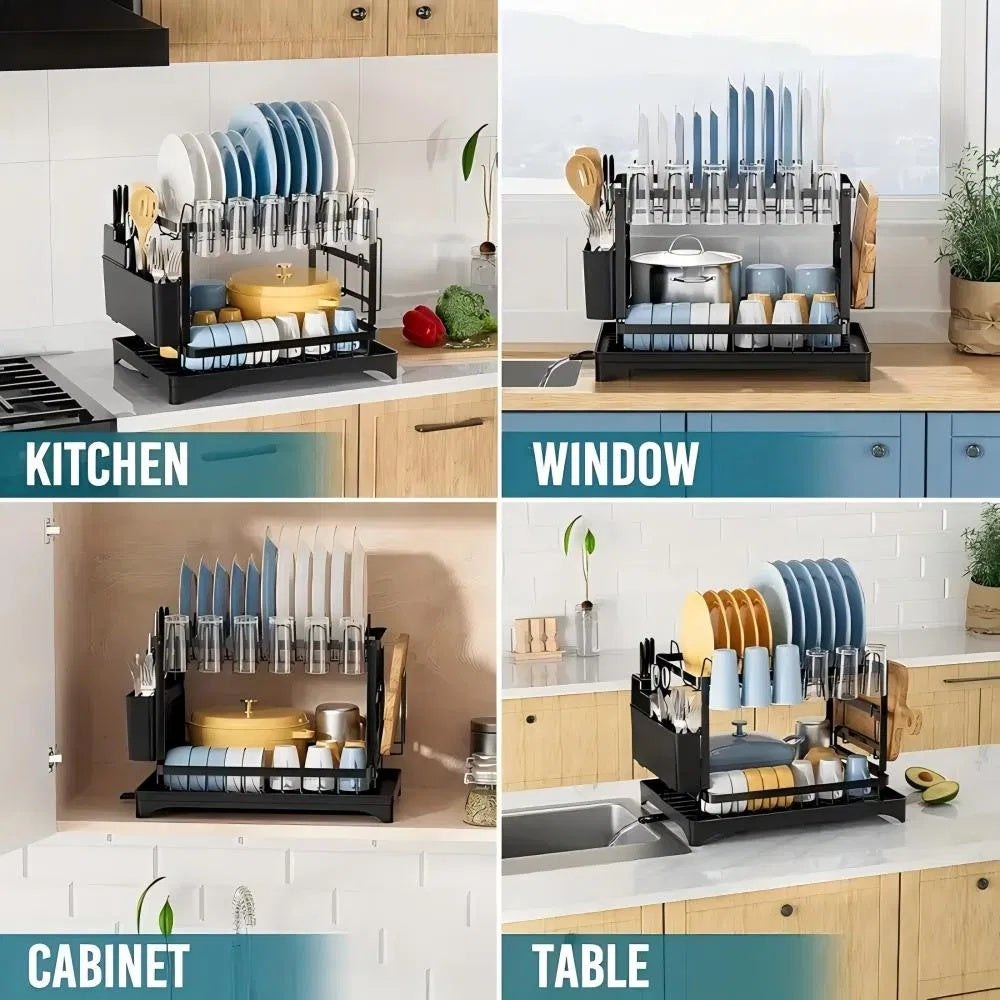 2 Tier Rustproof Dish Rack with Drainboard and Utensil Holder – Black