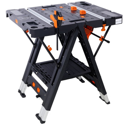 Portable workbench with adjustable platforms on a white background