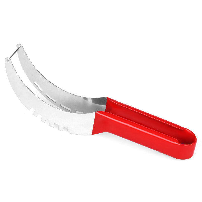 Red-handled metal fruit peeler on a white background