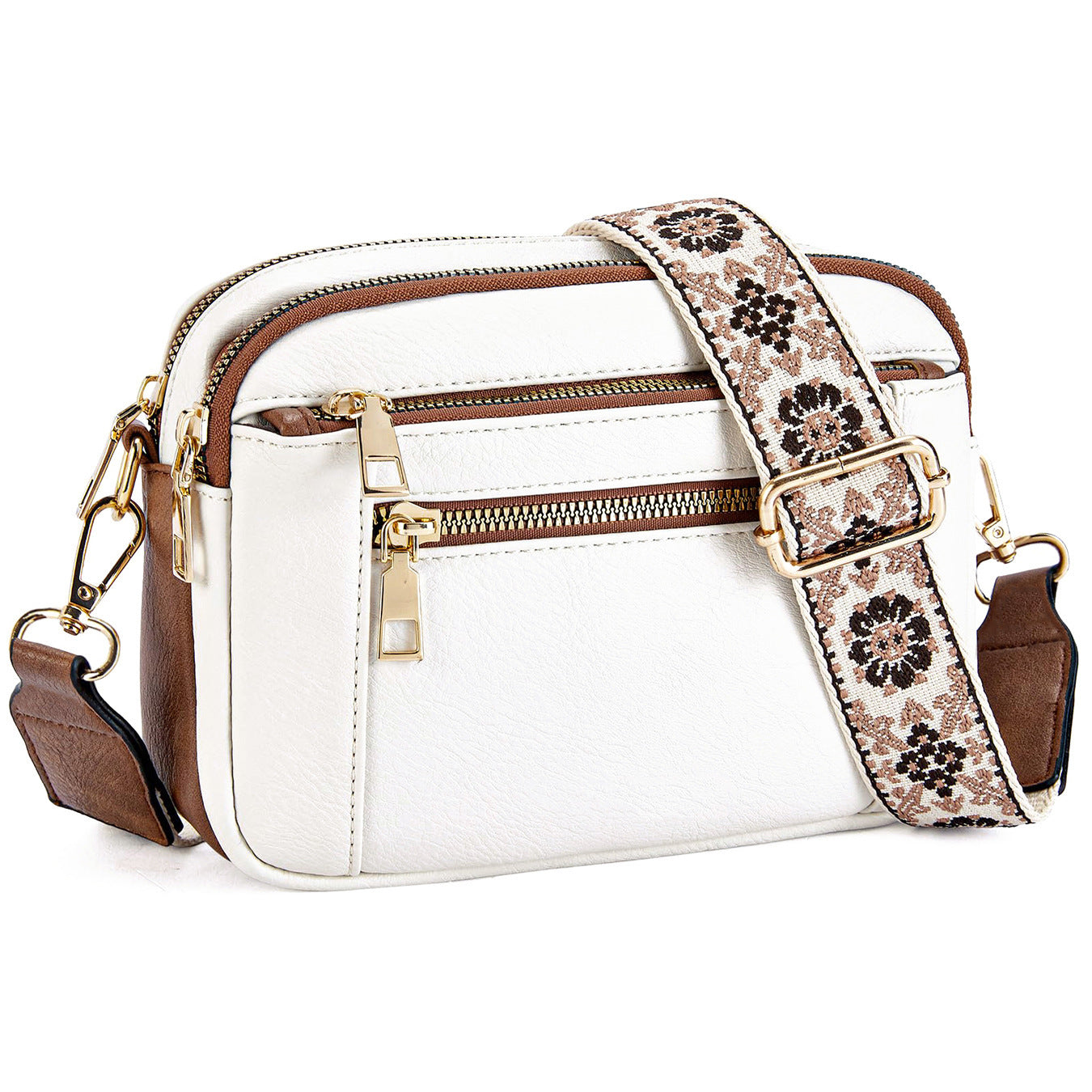 Triple-Zipper Shoulder Bag with Floral Embroidered Straps