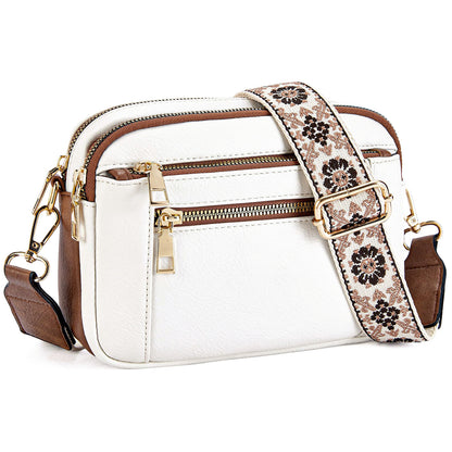 Triple-Zipper Shoulder Bag with Floral Embroidered Straps