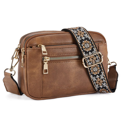Triple-Zipper Shoulder Bag with Floral Embroidered Straps