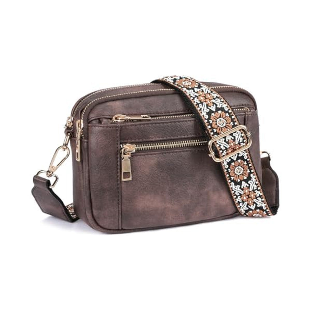 Triple-Zipper Shoulder Bag with Floral Embroidered Straps