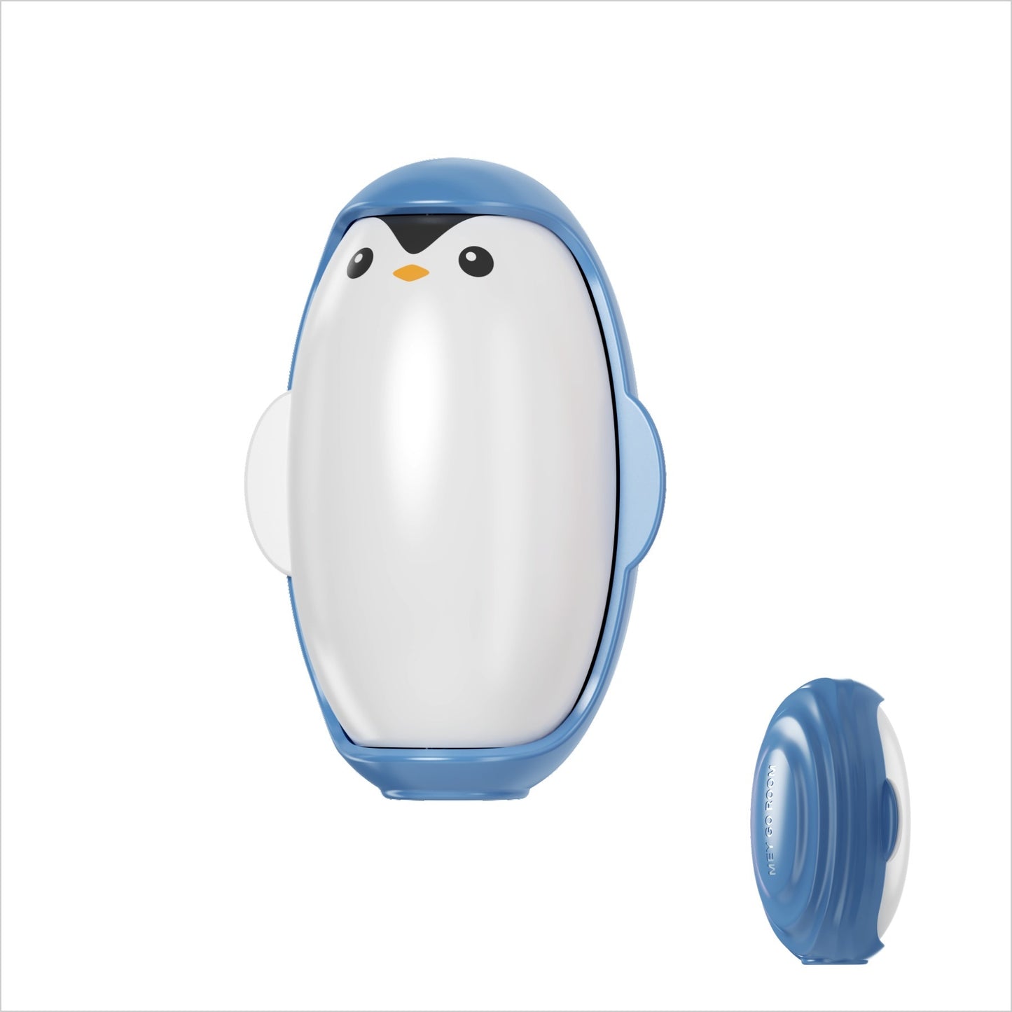 Penguin-shaped device with a blue body on a white background