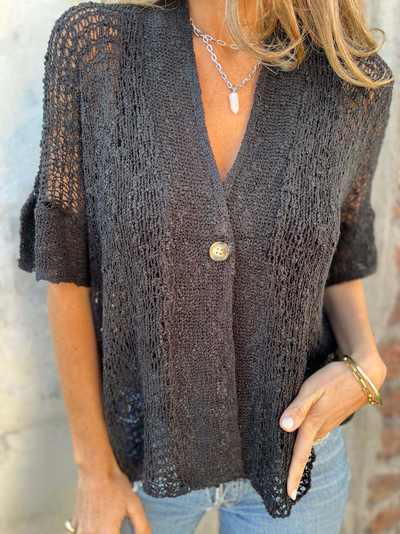 One Button Half Sleeve Hollow Out Knitted Cardigan Top for Ondaum