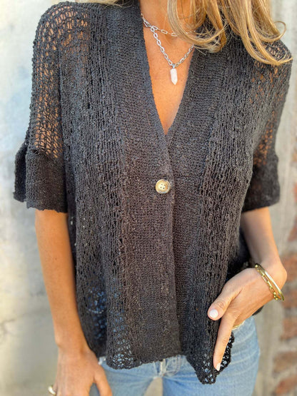 One Button Half Sleeve Hollow Out Knitted Cardigan Top for Ondaum