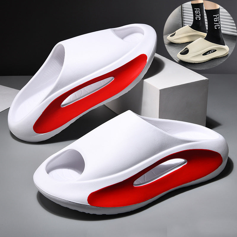 White slippers with red soles on a gray surface, with inset showing different color options.