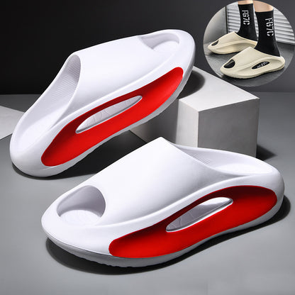 White slippers with red soles on a gray surface, with inset showing different color options.