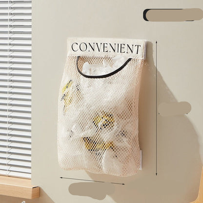 Mesh laundry bag with 'CONVENIENT' text, hanging on a wall, with measurements indicated.