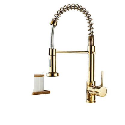 Gold kitchen faucet with water column and shower modes on a gray background