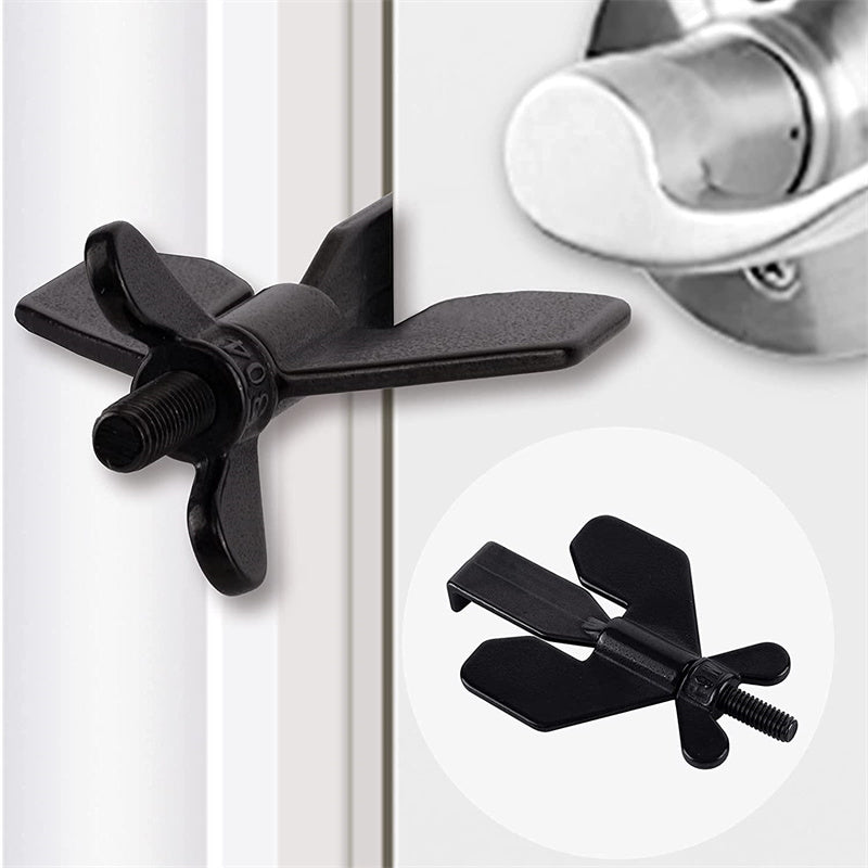 Black door stopper attached to a white door with a close-up inset.