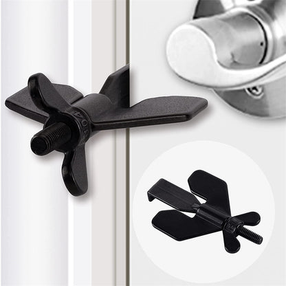 Black door stopper attached to a white door with a close-up inset.