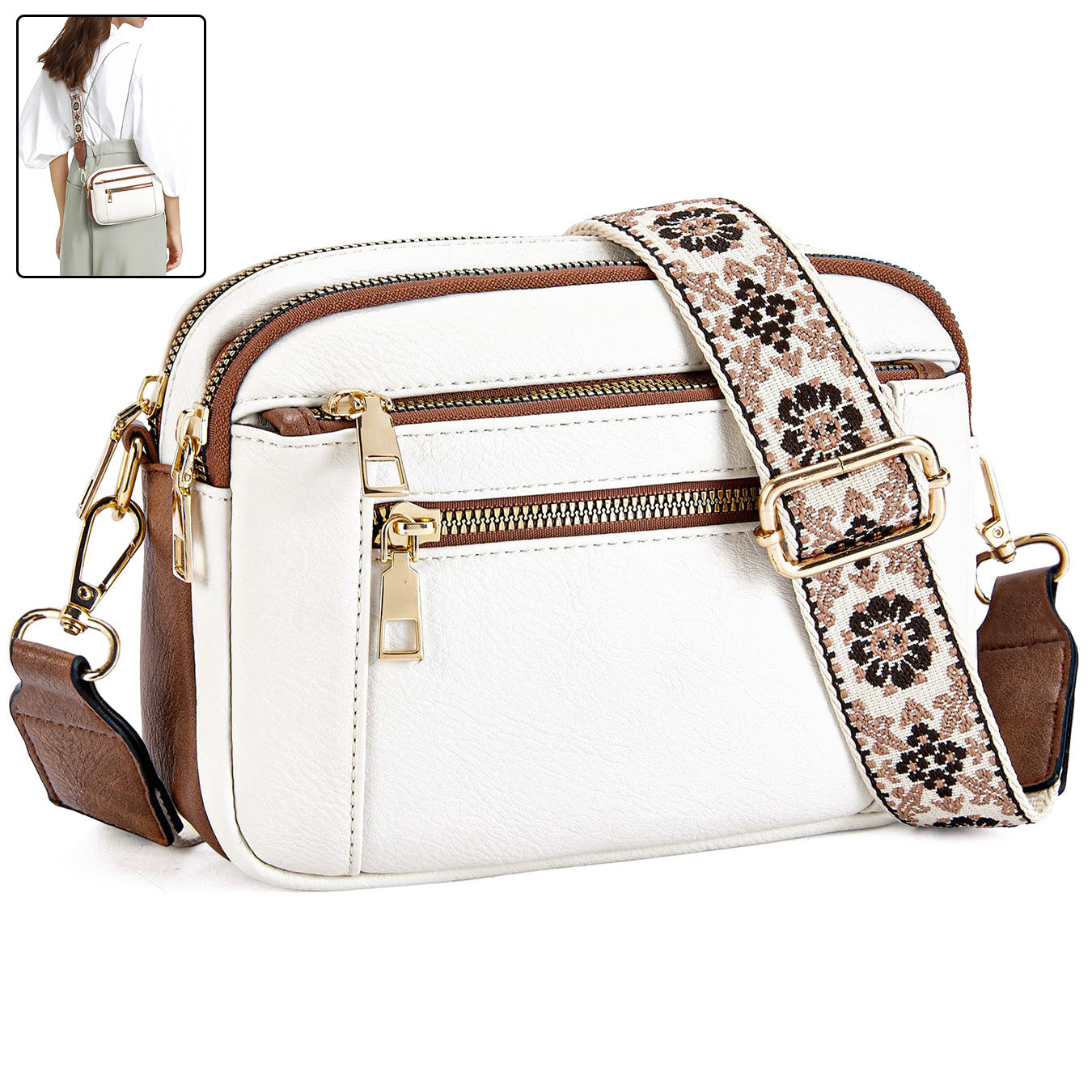 Triple-Zipper Shoulder Bag with Floral Embroidered Straps