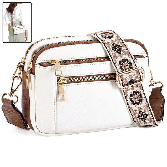 Triple-Zipper Shoulder Bag with Floral Embroidered Straps