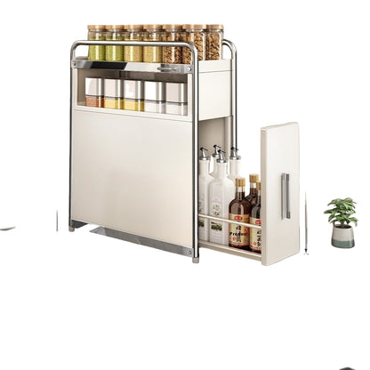 Pull-out spice cabinet with measurements and product details on a kitchen background