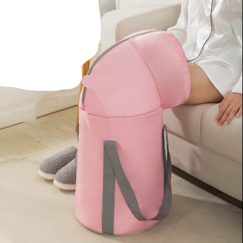 Pink fumigation foot bath with text on a living room background