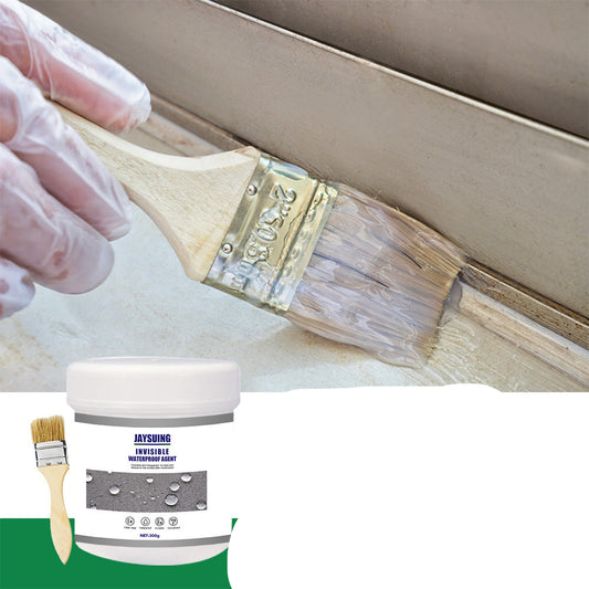 Hand applying transparent waterproofing to a wooden surface with a brush and container labeled 'Jaysung'.