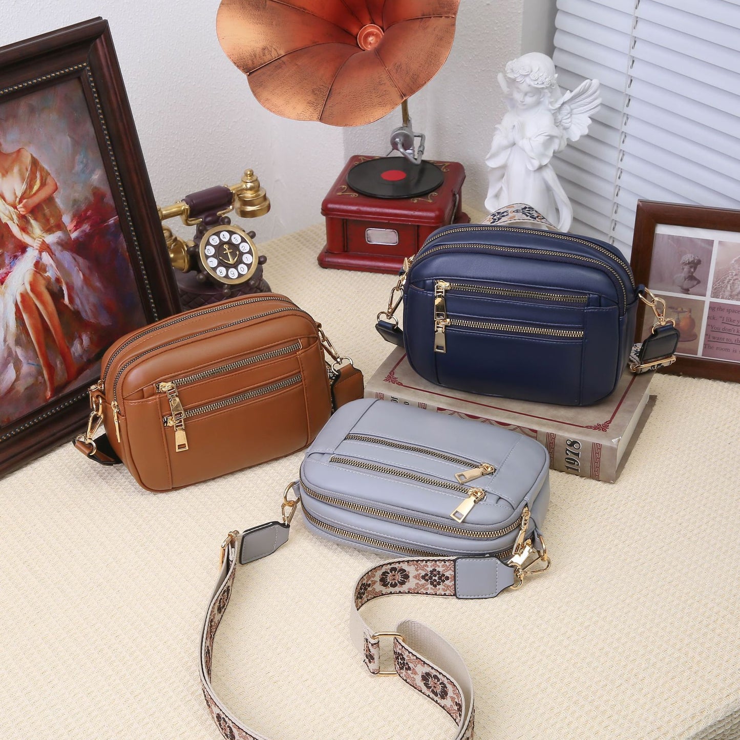Ladies’ Two-Tone PU Leather Small Square Crossbody Bag