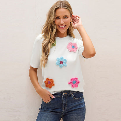 Ondaum Three-Dimensional Flower Decoration Half-Sleeve Knitted Top