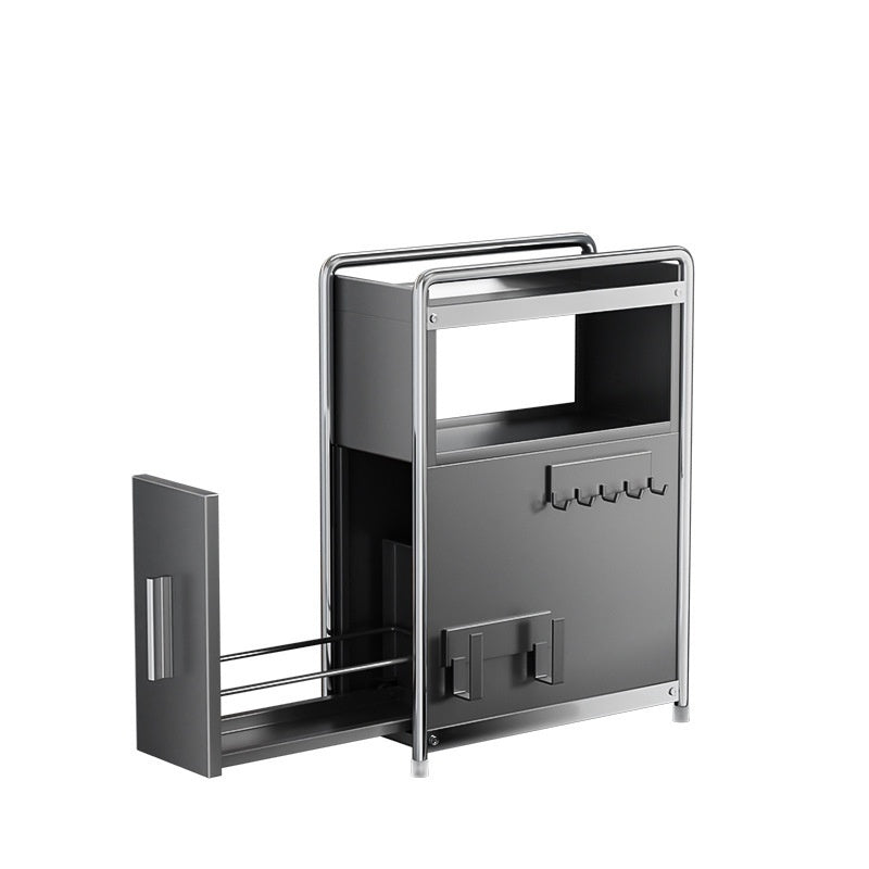 Metal kitchen cart with storage compartments and hooks on a white background