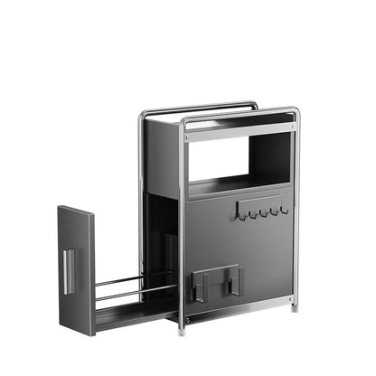 Metal kitchen cart with storage compartments and hooks on a white background