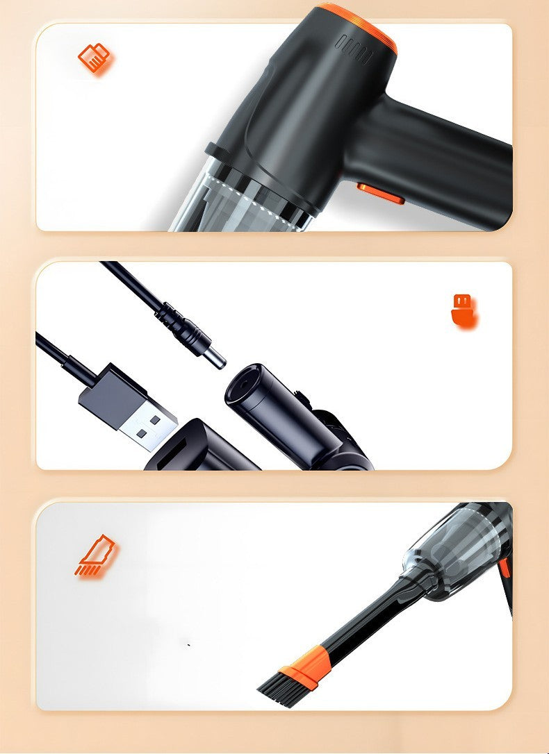Black and orange handheld vacuum cleaner with attachments on a beige background